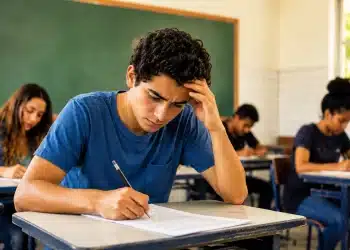 Estudante concentrado escrevendo a redação, demonstrando foco e leve tensão, representando as regras de correção da redação do Enem.