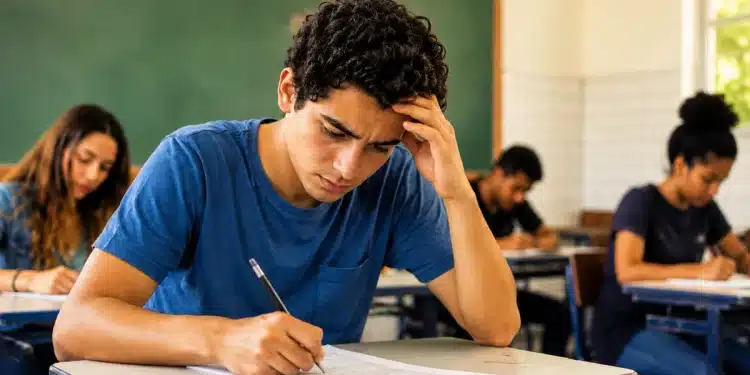 Estudante concentrado escrevendo a redação, demonstrando foco e leve tensão, representando as regras de correção da redação do Enem.