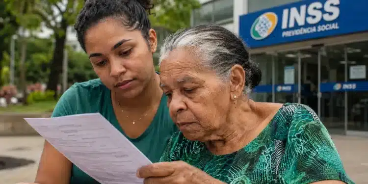 Jovem acompanhando idosa na leitura de documento sobre requisitos para receber o BPC