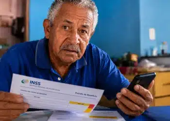 Idoso segurando extrato do INSS e celular em casa, com expressão de preocupação, representando os cuidados necessários para não perder o benefício do INSS.