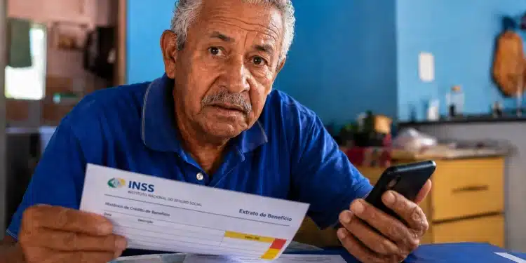 Idoso segurando extrato do INSS e celular em casa, com expressão de preocupação, representando os cuidados necessários para não perder o benefício do INSS.