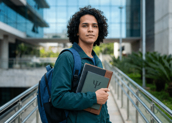 Estudante de psicologia, um dos cursos com alta demanda em 2026, segura caderno com símbolo da profissão no campus