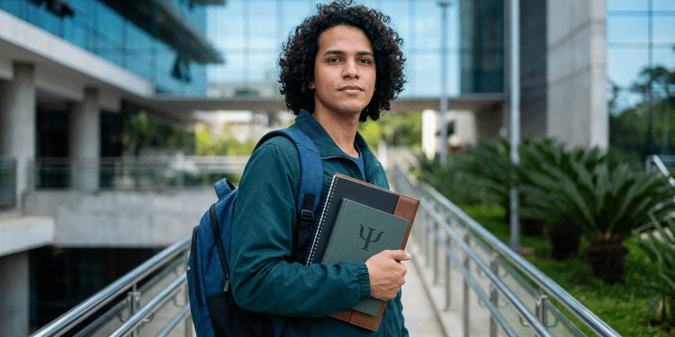 Estudante de psicologia, um dos cursos com alta demanda em 2026, segura caderno com símbolo da profissão no campus
