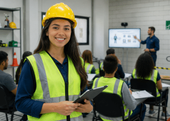 Aluna com capacete e colete de segurança participa de treinamento em curso técnico de Segurança do Trabalho.