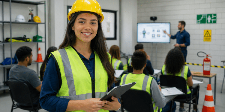 Aluna com capacete e colete de segurança participa de treinamento em curso técnico de Segurança do Trabalho.