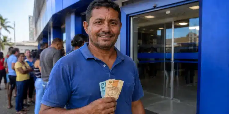 Trabalhador segura cédulas de real em frente a agência bancária, representando as datas de pagamento do PIS/Pasep e do INSS.