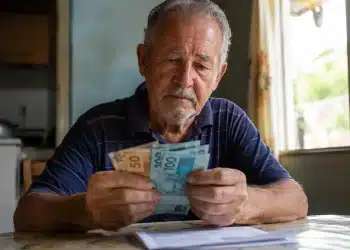 Idoso do INSS segurando cédulas de dinheiro, representando o depósito de R$ 2.431,50 ou valor menor para esta terça-feira, 2 de junho.