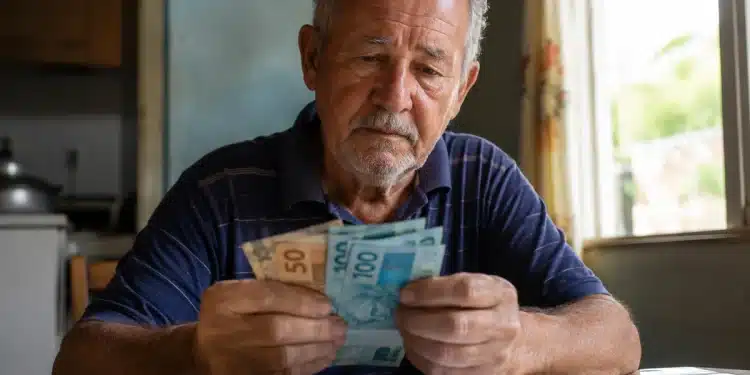 Idoso do INSS segurando cédulas de dinheiro, representando o depósito de R$ 2.431,50 ou valor menor para esta terça-feira, 2 de junho.