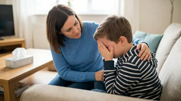 Criança chorando enquanto é acolhida por uma adulta, representando mudanças emocionais e comportamentais na infância.