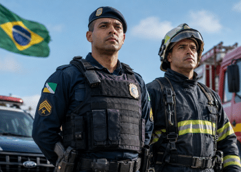 Policial militar e bombeiro militar brasileiros em formação de destaque em ambiente externo com viaturas e bandeira do Brasil ao fundo.