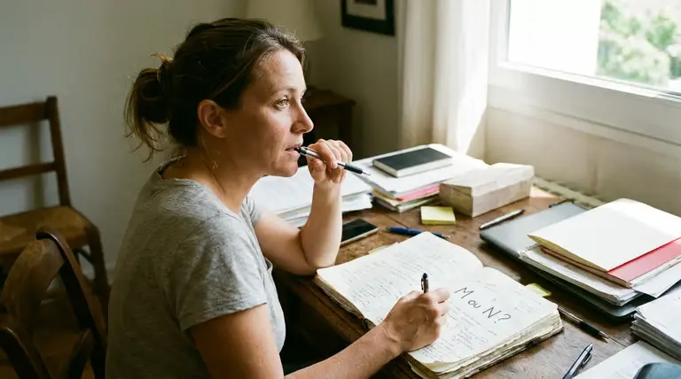 Mulher estudando e escrevendo em caderno sobre quando usar M e N corretamente.