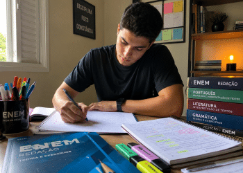 Jovem treinando redação do Enem em mesa de estudos com cadernos, livros e materiais de apoio.