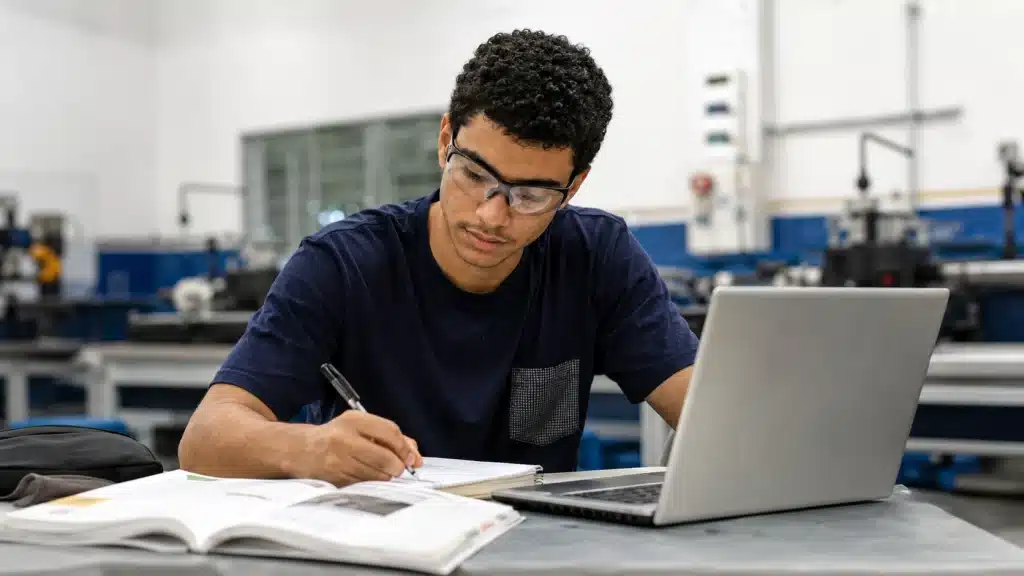 Estudante em laboratório técnico anotando informações no caderno enquanto consulta materiais de estudo e laptop.