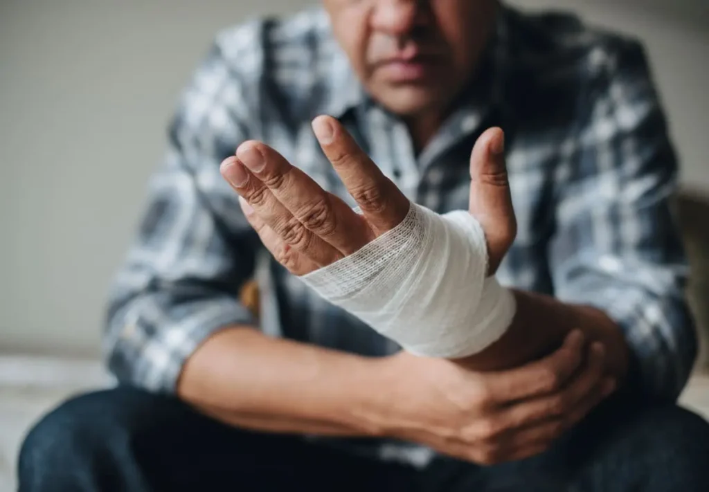 Homem com a mão enfaixada após acidente de trabalho, ilustrando o direito ao auxílio-acidente do INSS