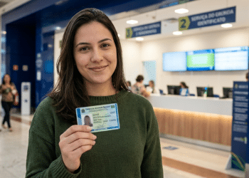Mulher exibe a nova Carteira de Identidade Nacional representando a emissão do documento durante o mutirão do novo RG em Campo Grande.