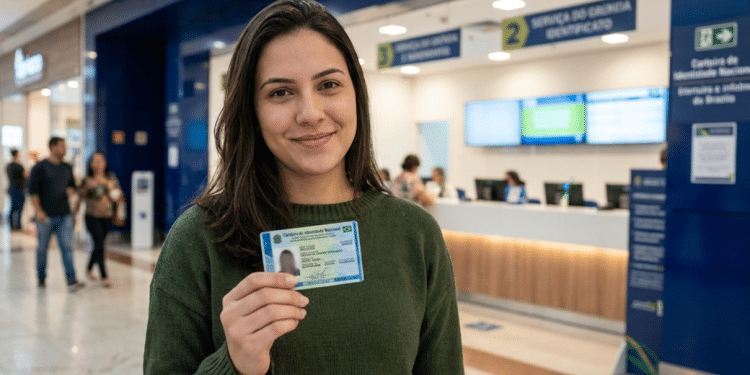 Mulher segurando a nova Carteira de Identidade Nacional em frente aos guichês de um posto de emissão de documentos