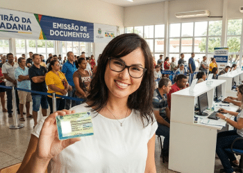Mulher sorridente segurando a nova Carteira de Identidade Nacional durante mutirão de emissão de documentos, com fila de atendimento ao fundo