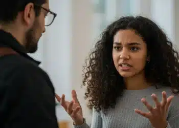 Homem e mulher em conversa séria, com expressão emocional intensa e gestos de frustração e tentativa de explicação em um ambiente interno iluminado.