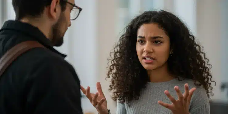 Homem e mulher em conversa séria, com expressão emocional intensa e gestos de frustração e tentativa de explicação em um ambiente interno iluminado.
