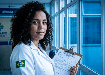 Médica de jaleco segura formulário do Exame Nacional de Residência em hospital, representando as mudanças do Enare 2026/2027