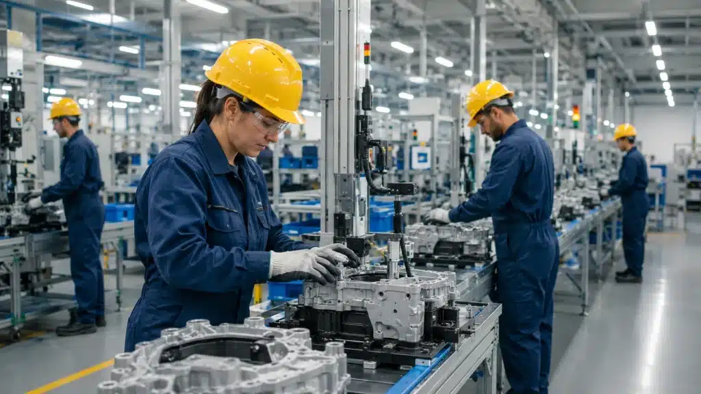 Trabalhadores em fábrica operam máquinas, representando o projeto sobre escala de trabalho que perdeu urgência na votação.
