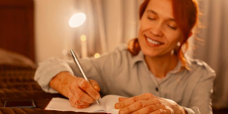 Mulher ruiva sorri ao escrever em diário na cama sob luz aconchegante de abajur à noite.