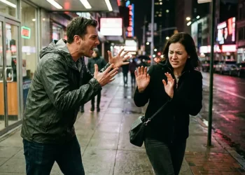 Homem alterado gesticula durante discussão enquanto mulher demonstra medo e tenta se afastar em uma rua à noite.