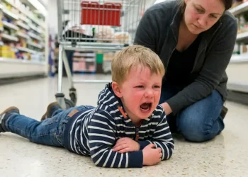 Criança chorando no supermercado com mãe tentando acalmá-la.
