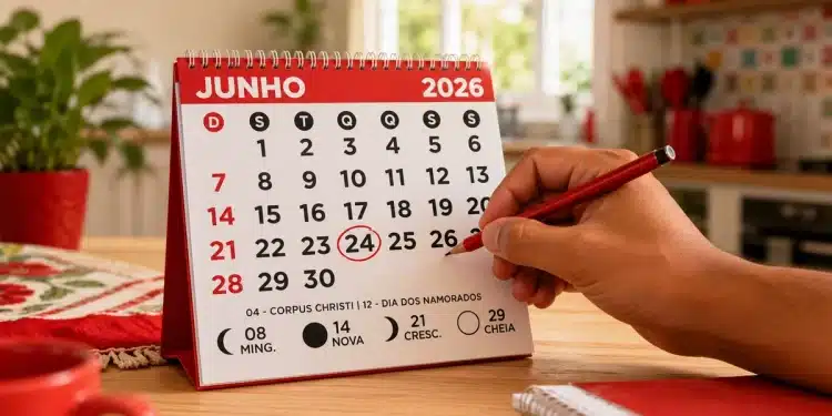 Calendário de junho de 2026 com o dia 24 circulado, destacando a data e a dúvida sobre onde é feriado.