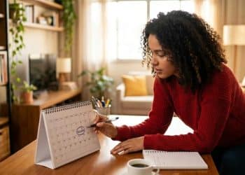 Mulher marca a data do feriado no calendário de mesa, em referência ao próximo feriado nacional de 2026