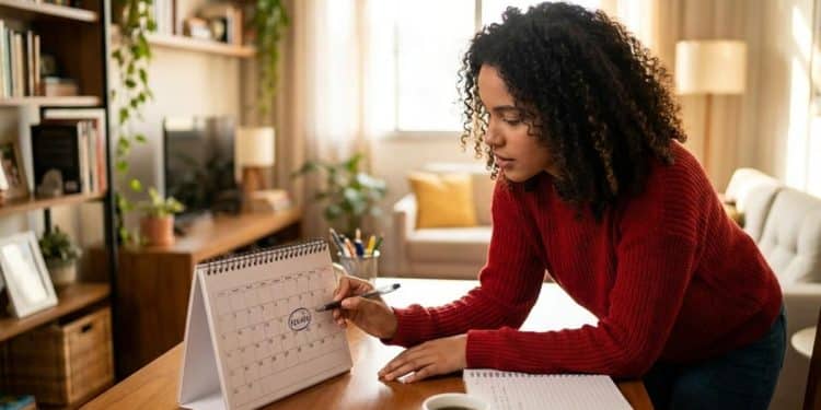 Mulher marca a data do feriado no calendário de mesa, em referência ao próximo feriado nacional de 2026