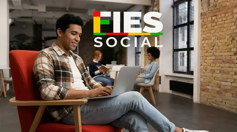 Estudante acessando notebook com logo do Fies Social em destaque, em conteúdo sobre etapas pelo sistema do Fies.