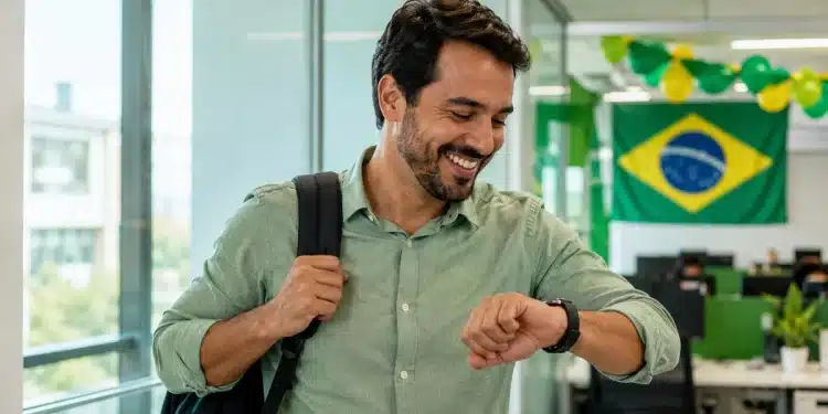 Trabalhador brasileiro sorrindo, representando a possibilidade de sair mais cedo do trabalho em dia de jogo da seleção na Copa.