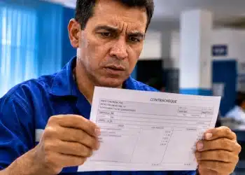 Trabalhador brasileiro observa contracheque impresso com expressão de dúvida, representando a incerteza sobre a forma correta de escrita da palavra.