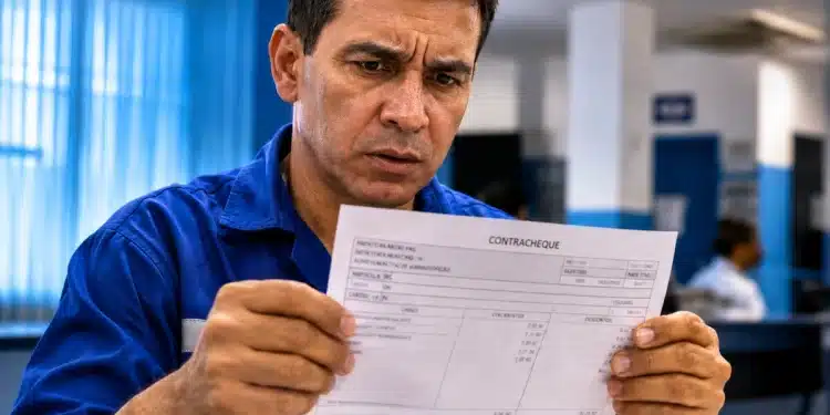 Trabalhador brasileiro observa contracheque impresso com expressão de dúvida, representando a incerteza sobre a forma correta de escrita da palavra.