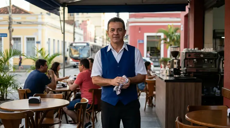 Garçom em restaurante ao ar livre, simbolizando novos pisos salariais para garçons e atendentes.