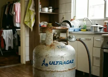 Botijão de gás de cozinha conectado em cozinha residencial com uso diário.