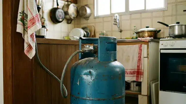 Botijão de gás conectado a fogão doméstico em cozinha residencial tradicional.