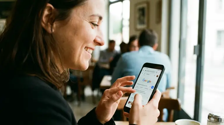 Mulher acessando o Google pelo celular para consultar senhas salvas.