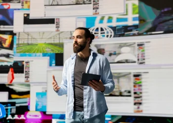 Profissional de tecnologia e marketing digital em apresentação sobre tendências do mercado em ambiente com múltiplas telas.