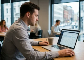 Profissional acompanha métricas de campanhas digitais em notebook durante rotina de trabalho flexível.