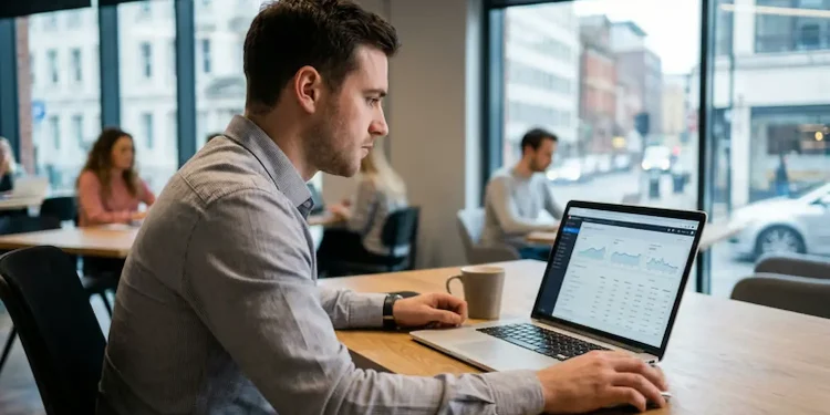 Profissional acompanha métricas de campanhas digitais em notebook durante rotina de trabalho flexível.