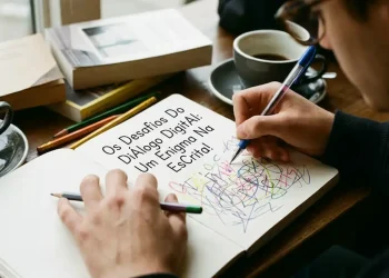 Pessoa escrevendo em um caderno com letras maiúsculas e minúsculas misturadas, explorando a expressão e a criatividade na escrita.