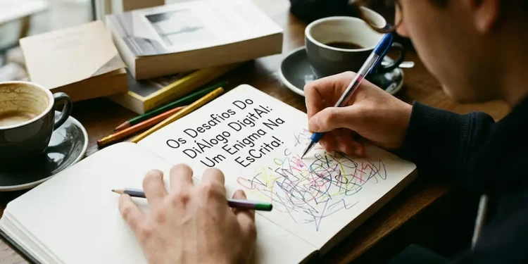 Pessoa escrevendo em um caderno com letras maiúsculas e minúsculas misturadas, explorando a expressão e a criatividade na escrita.