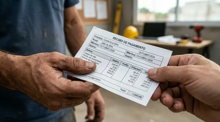 Trabalhador recebe holerite impresso como comprovante de pagamento e vínculo profissional.