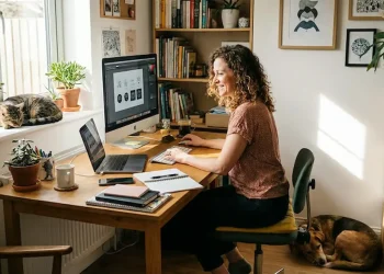 Mulher trabalhando em home office com computador, livros e animais de estimação em ambiente doméstico iluminado.