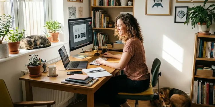 Mulher trabalhando em home office com computador, livros e animais de estimação em ambiente doméstico iluminado.
