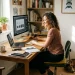 Mulher trabalhando em home office com computador, livros e animais de estimação em ambiente doméstico iluminado.