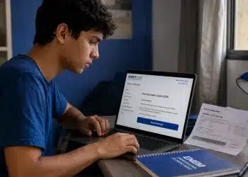 Estudante brasileiro acessando página de inscrição do Enem 2026 em notebook com boleto de pagamento sobre a mesa