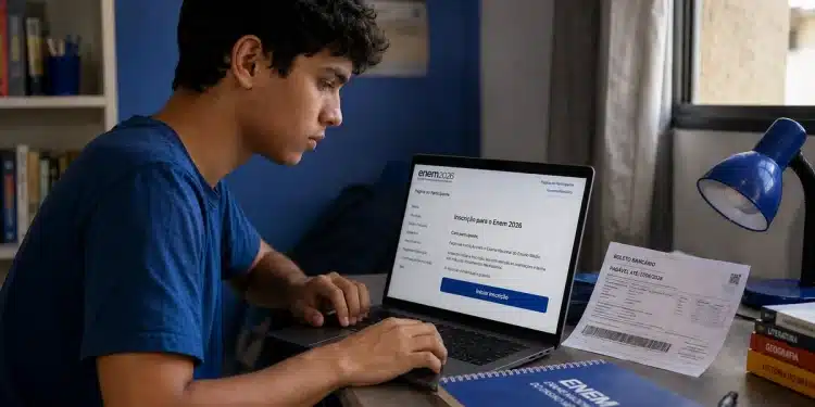 Estudante brasileiro acessando página de inscrição do Enem 2026 em notebook com boleto de pagamento sobre a mesa